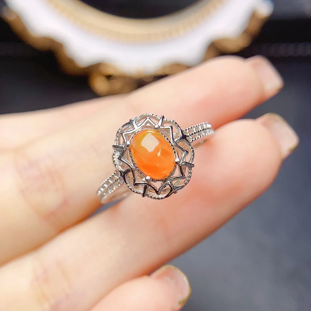 Real S925 Sterling Silver Inlay Natural Fire Opal Ring 5*7mm Gemstone Opal Fine Charm Weddings Jewelry for Women Party Gift