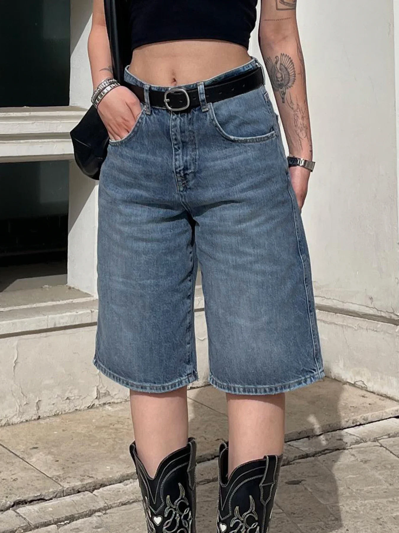 Y2k Aesthetic Bermuda Denim Shorts 90s Vintage Low Rise Wide Leg Knee Length Jean Shorts Women Cowgirl Baggy