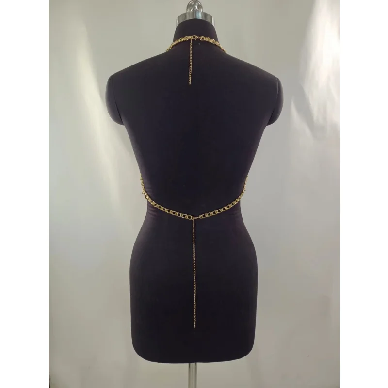 Damen-Top aus goldenem Metallnetz mit Ketten-Halterneck, drapiertem U-Ausschnitt, rückenfreiem Crop-Top und verstellbarem Ketten-Body-Harness für Party, Rave und Festival – Detail 6