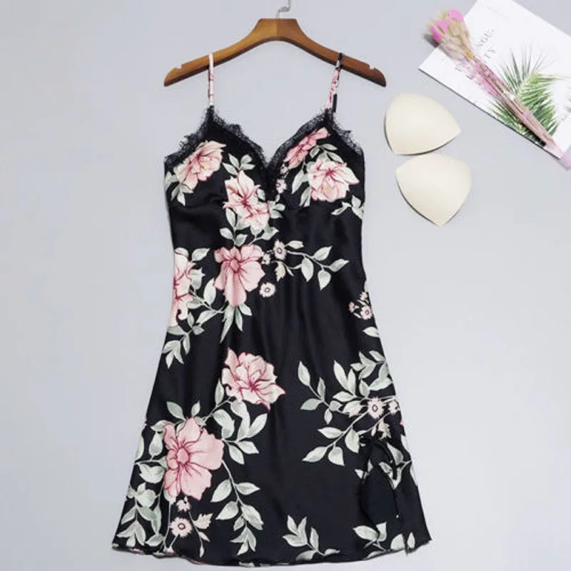 Floral Satin Silk Night Dress Women Sexy Bras V-Neck Gecelik Linger Lace Sleepwear Dress Print Nightgowns Women Sexy Nightdress