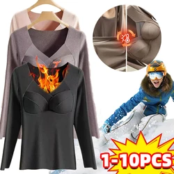 Newest Winter Women's Top V-neck Padded Long Sleeved Warm Vest Elastic Thick Plush Warm Pullover Hot Lock Women's Underwear