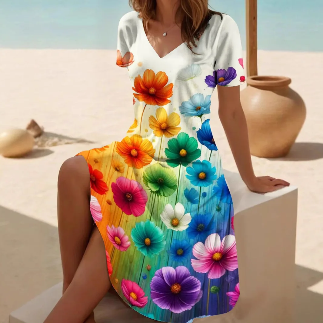

3D Fashion Floral Print Casual V-Neck Women's Dress Short Sleeve Knee-Length Spring Summer Independent Artistic Style Long Dress