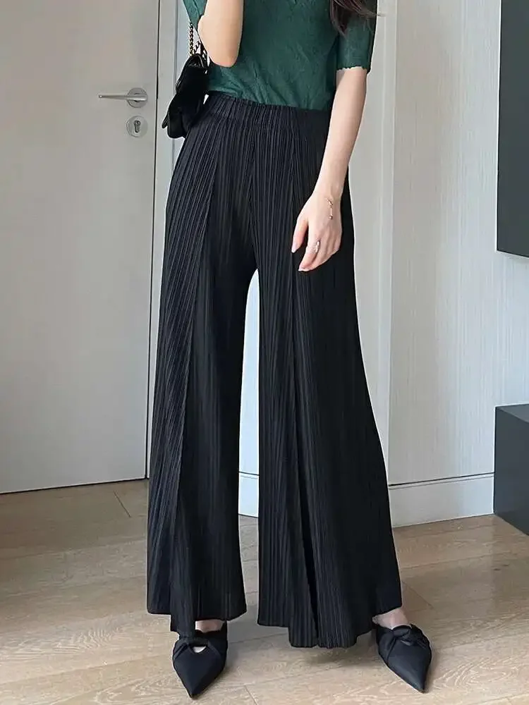 

Pleated Women's Pants Fashion Solid Colour Elastic Waist Loose Elegant Lady Fashion Miyake Summer New 2025 Women Wide Leg Pants