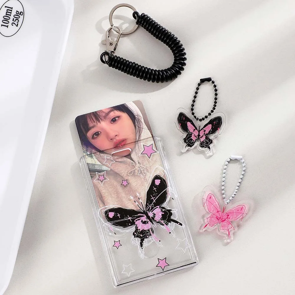 Card Sleeve Transparent Photocard Holder with Pendant ID Card Cover Butterfly Photo Protective Case Acrylic Black Pink