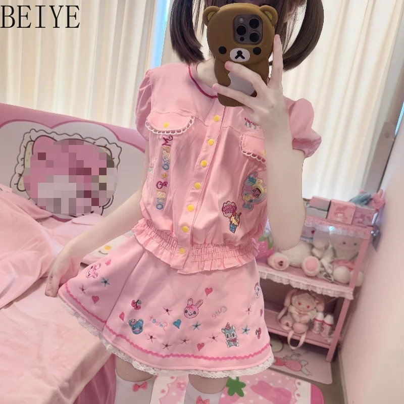 Bubble Sleeve Soft Cute Short Sleeve Top Pink Set Women Japanese Cartoon Skirt Two-piece Suit Ladies Embroidered Pink Outfits