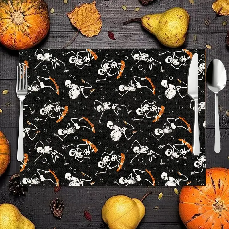 VIKAMA Skeleton Skateboard Halloween Placemat Linen Table Mat Spooky Bone Print Heat Resistant Holiday Dinner Decor