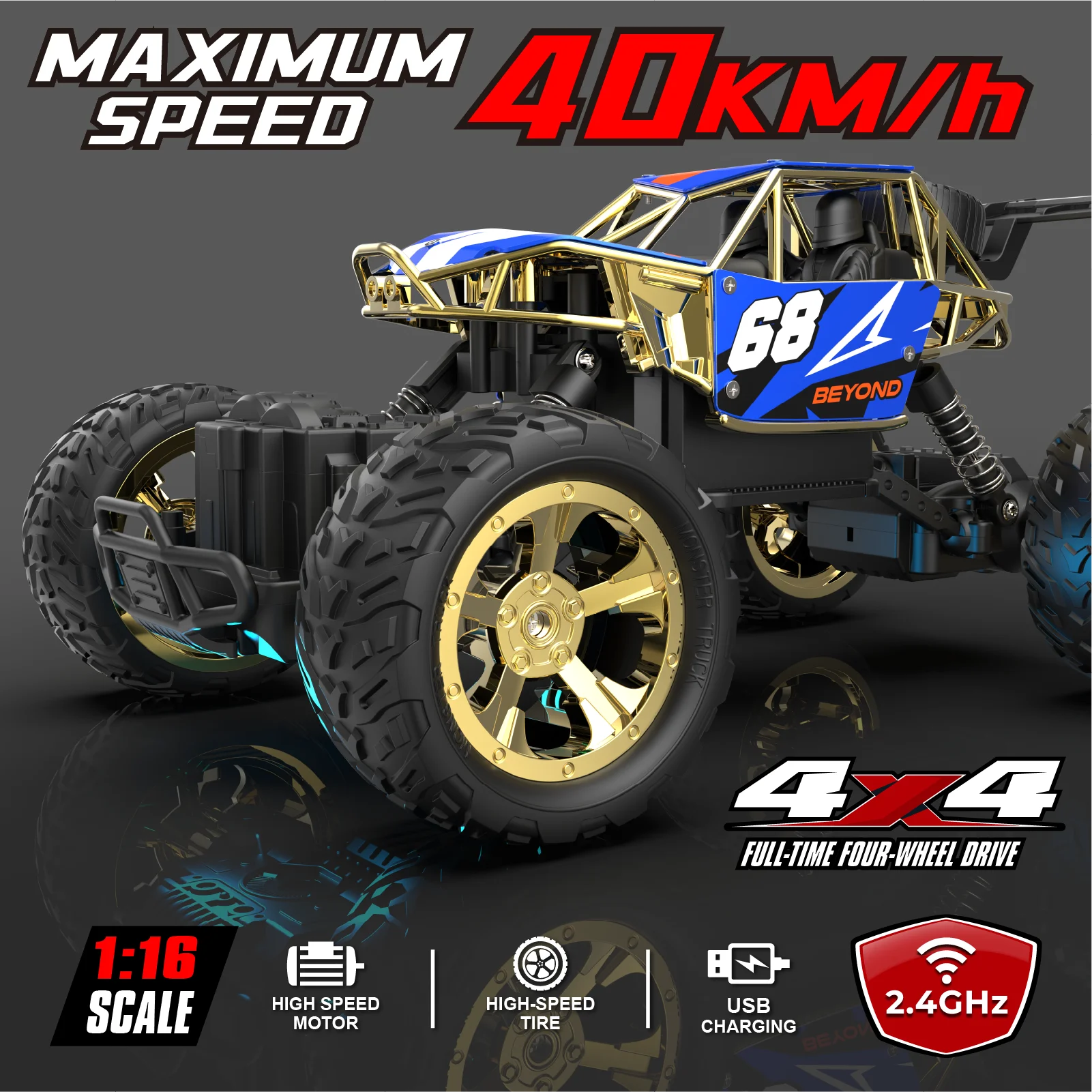 

New 1:16 Scale High-Speed Remote Control Car, Suitable for People over 6 Years Old, with a Maximum Speed of 40 Km/H, All-Terrain Remote Control Car, a Good Gift for Adults and Boys