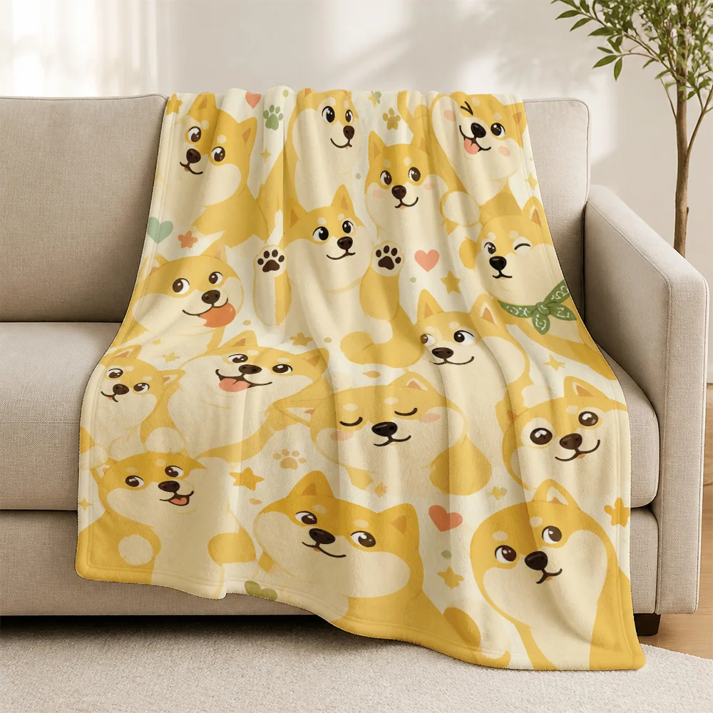 Ultra Soft Shiba Inu Dog Print Throw Blanket for Sofa Couch Decor Cute Pet Lovers Gift Yellow Fleece Microfiber Cozy Lap Throw W