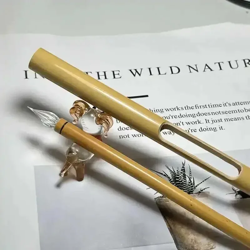 New Bamboo Holder Glass Dip Pen, Hand Polished Creative Magnetic Bamboo Protective Tube Calligraphy Pen 0.5mm