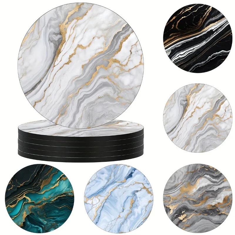 6Pcs 4 Inch Marble Veining Wooden Drink Coasters Set Round Absorbent Coasters Funny Coasters for Cold Drinks Wine Mugs Cups