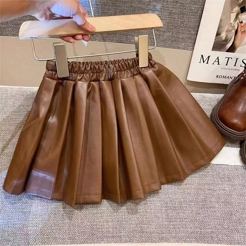 New Children\'s Clothing Autumn Winter New Children PU Leather Skirt Solid Color Pleated Skirt Matching Children Korean Version