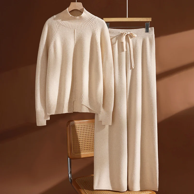 CHICUU-Jersey de cuello alto para mujer, suéter, pantalones de pierna ancha, conjunto de 100% de punto de lana grueso, informal, Otoño Invierno, conjunto de prendas de punto de Cachemira
