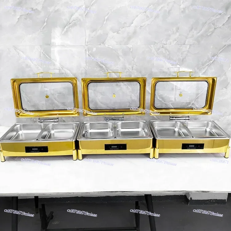 

Modern Luxury Rectangle Stainless Steel Hot Pot 9L Gold Food Buffet Display Party Warmer Set