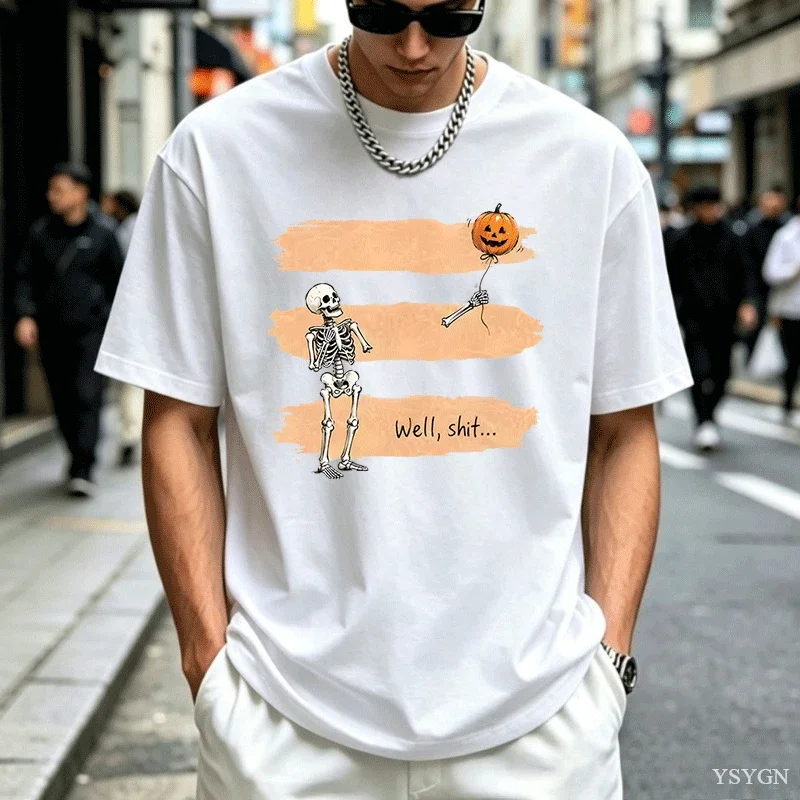 Halloween Skeleton Pumpkin Balloon Printed T Shirt Men Women Humor Slogan Short Sleeve Vintage Couple Streetwear Casual Y2k Top