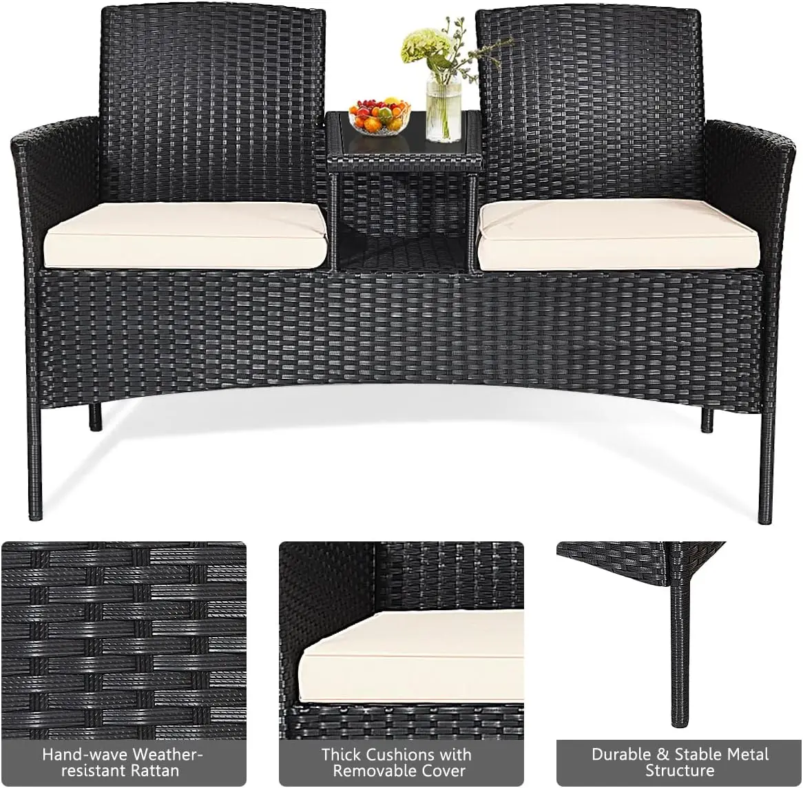 

-Double Seat Garden Rattan Sofa with Coffee Table Aluminum Frame Outdoor Furniture Set for Patio Hotels Parks Courtyards