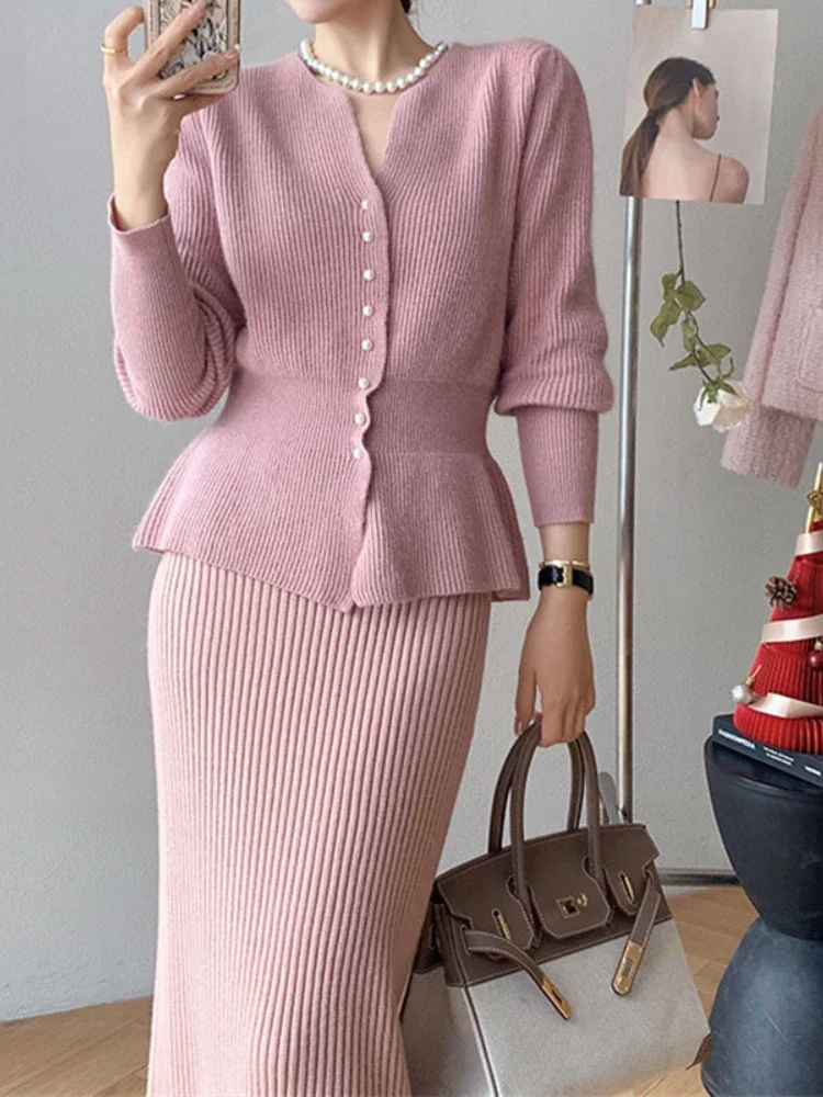 Fashion Chic Solid Color Slim Cardigan Sweater Top Y2k Women Knitted Two Piece Skirt Set New Style Elegance Tide Autumn Winter