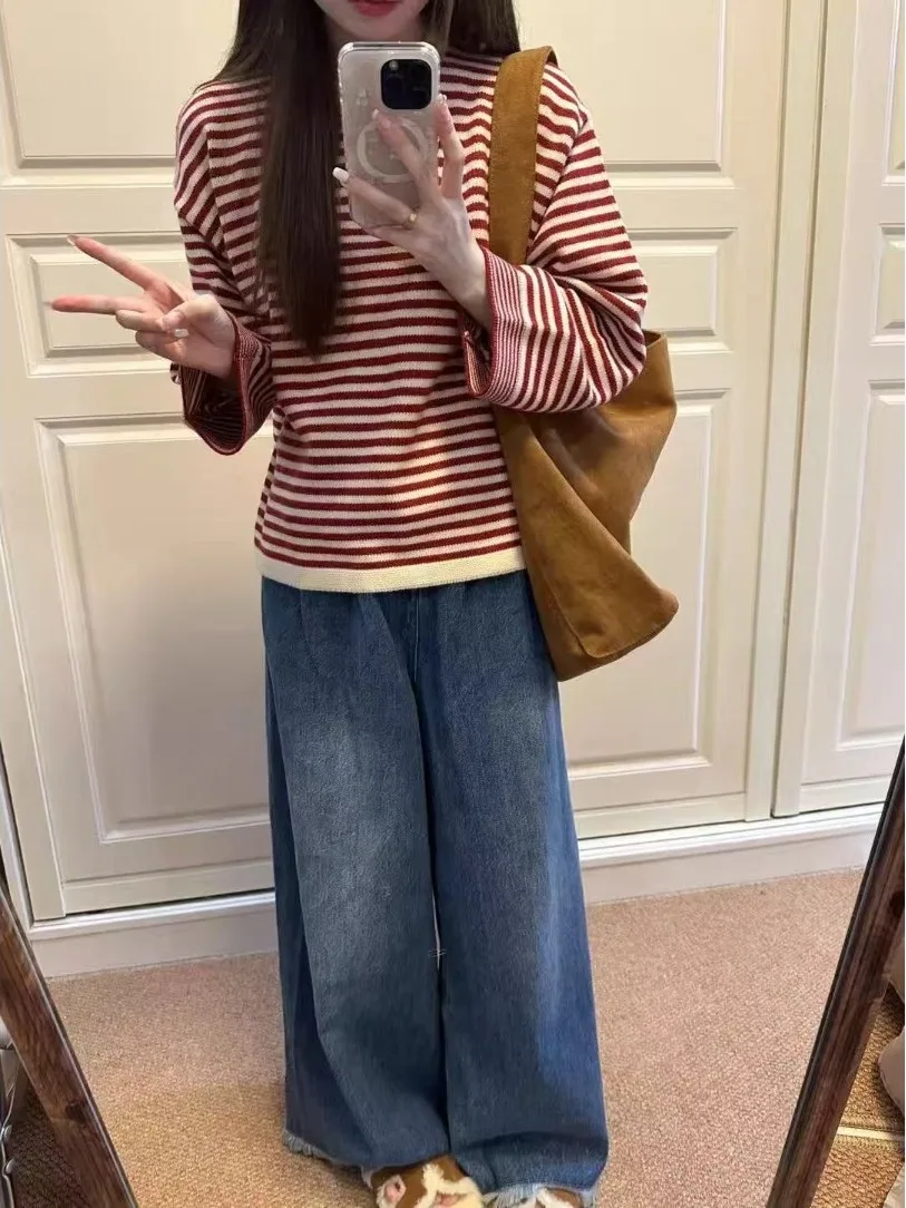 Weicher, gemütlicher Strickpullover für Damen, rund, Ne Long Sve, lockere Passform, Herbst-Winter, neues Sle Red Stripes College Sle Top