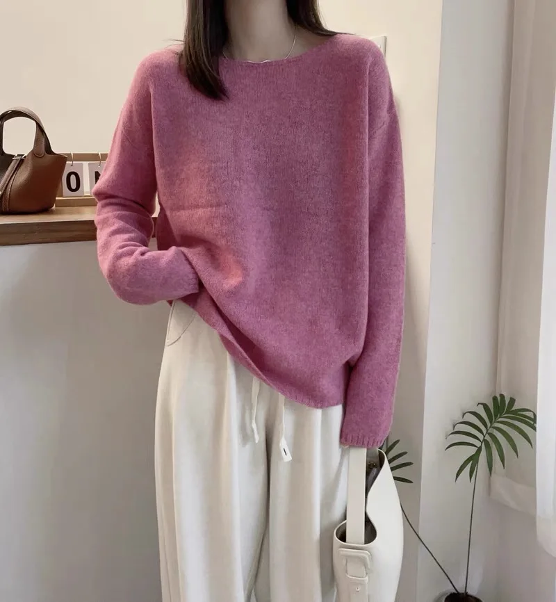 2023 autumn and winter new 100% cashmere sweater women\'s crewneck sweater loose bottom pullover