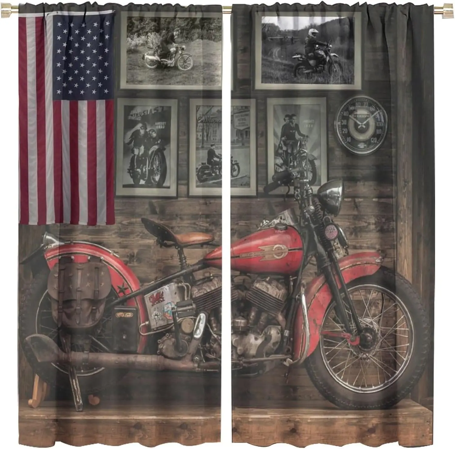 

Vintage Antique Motorcycle Blackout Curtains for Bedroom,Rustic Western Farm Wood Boards Old Motorcycle American Flag 2 Panels