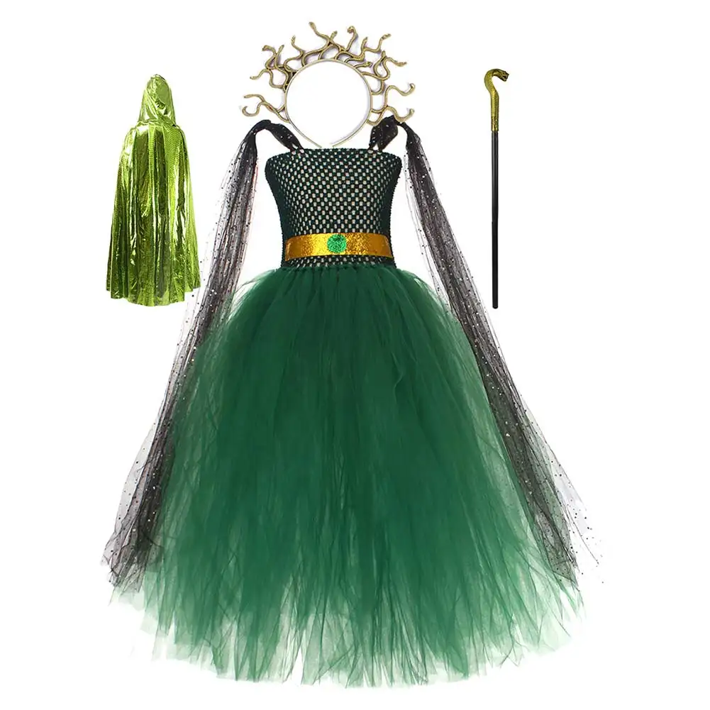 Kids Green Goddess Medusa Tutu Dress Children Girls Perfemence Skirts Halloween Medusa Dresses Fancy Up Party Suis Child