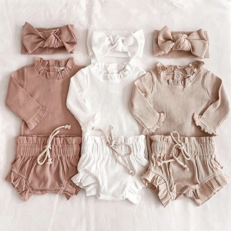 Autumn Baby Girl Clothes for Newborn Baby Girls Solid Long Sleeve Knitted Rompers+Drawstring Shorts Beach Outfits Sets