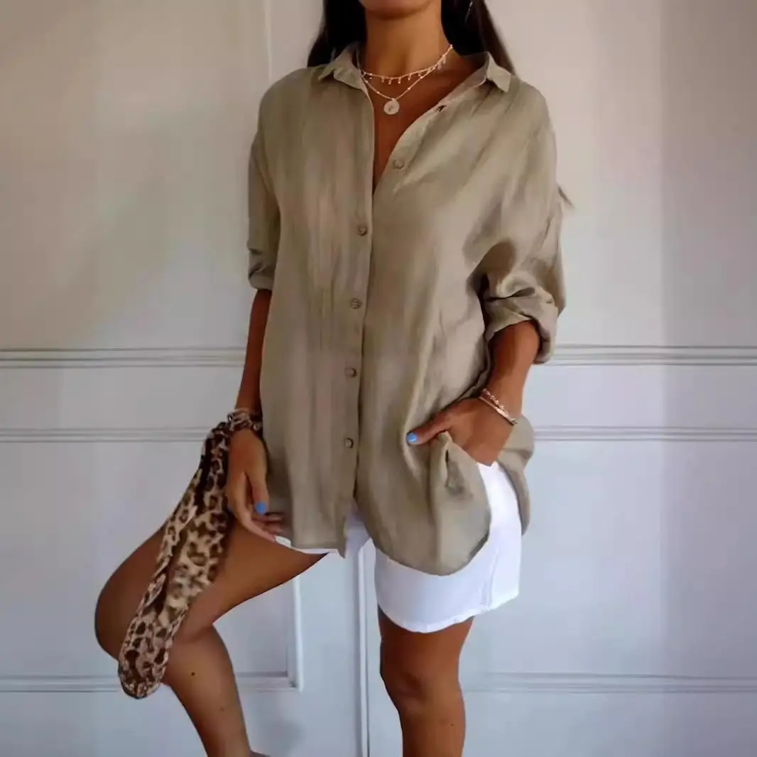 Damen Single Revers irt Svel Top Commute Sle Loose Fit Long Sve Cotton Blend Faionable Sommerkleidung