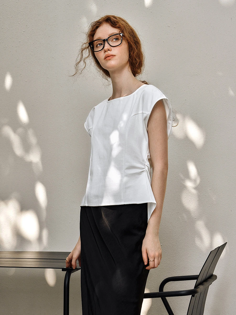 

OLrain Women's Cotton T-Shirt 2025 Simple White Cap Sleeve Tees Office Lady Creative Design Loose Luxury Summer Tops O57XT88399