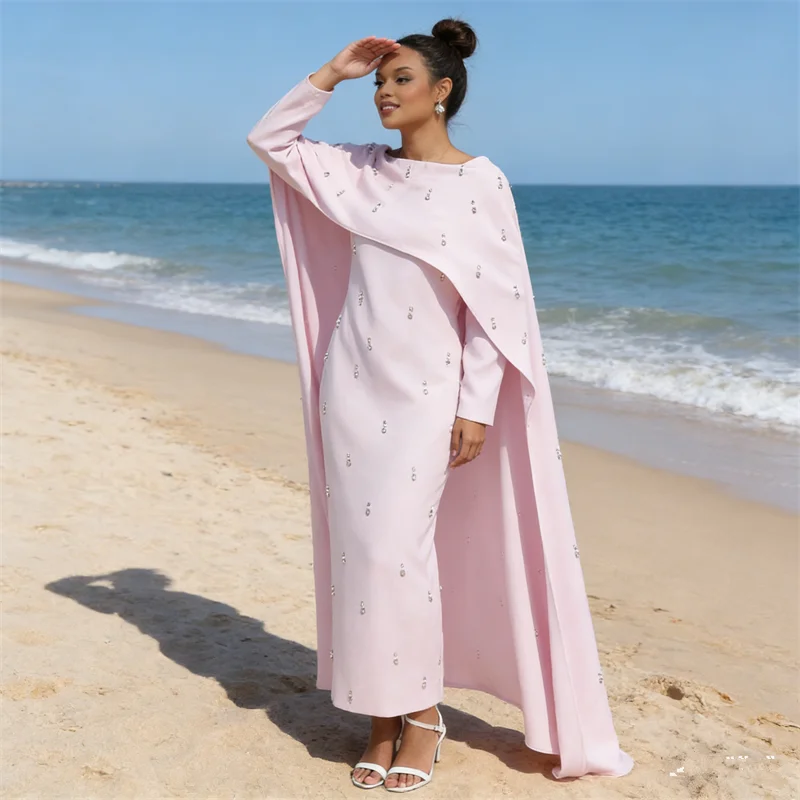 

2PCS Luxury Diamonds Pearl Cape Jalabiya Muslim Sets for Women Dubai Abaya Turkey Kaftan Kebaya Caftan Marocain Femme Robe Dress