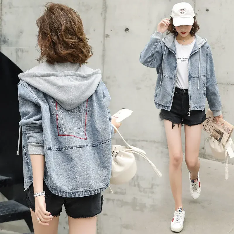 Outerwears Embroidered Spring Autumn Hooded Female Jeans Coat with Print Graphic Women\'s Denim Jackets Luxury Low Price Harajuku