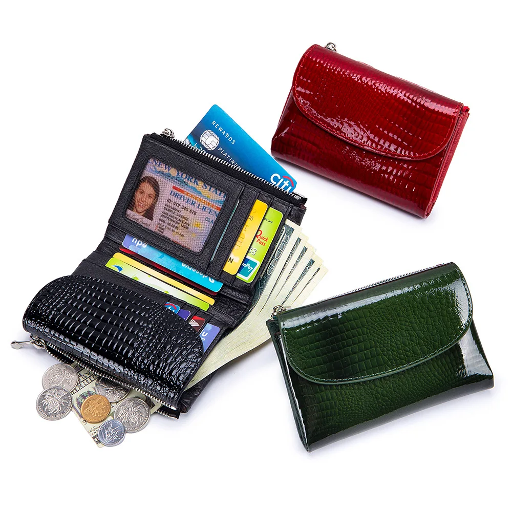 Crocodile Pattern Short Wallets for Women Genuine Cow Leather Trifold Multi Card Holder Vintage Coin Purse