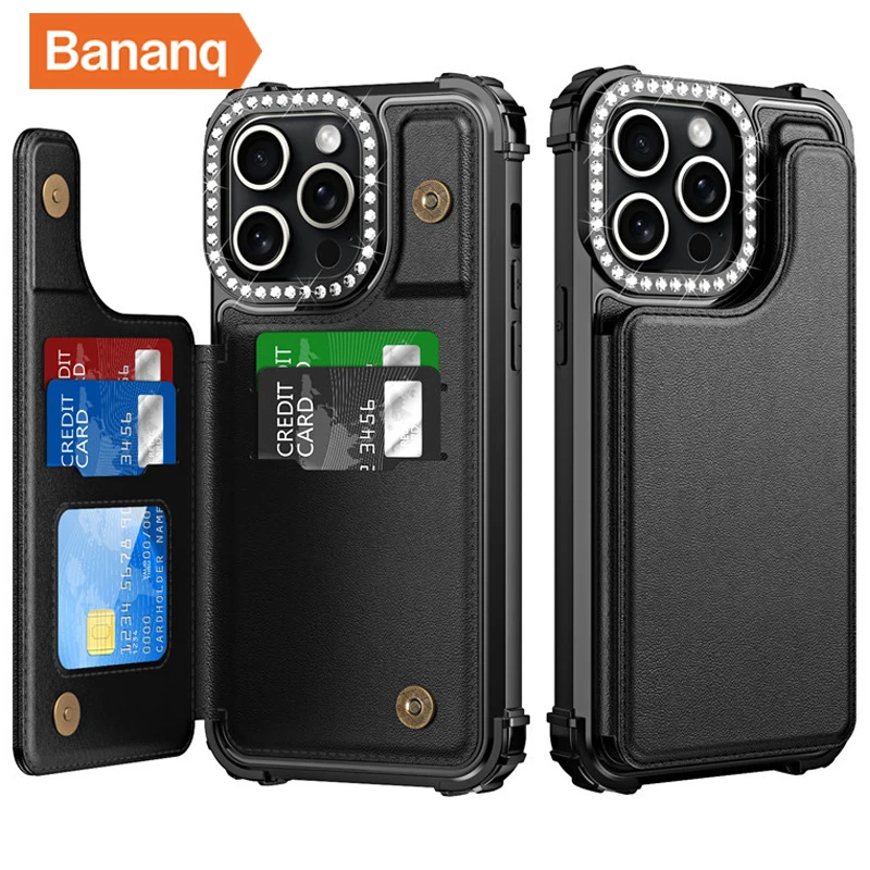 

Bananq Shockproof Flip Cards Slot Holder Wallet Phone Case For iPhone 15 Plus Stand PU Leather Back Cover For iPhone 15 Pro Max