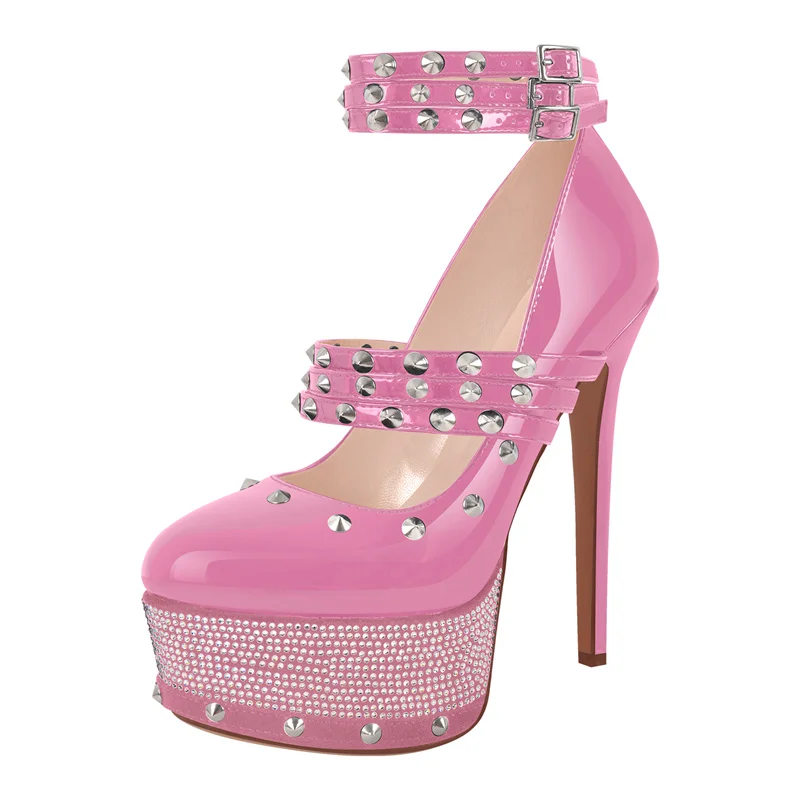 Onlymaker Women Platform Rivet Patent Leather Rhinestone Pumps High Heeled Plus Size Ankle Straps Female Stiletto Pumps