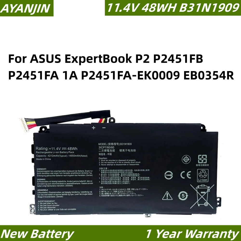 

Laptop Battery B31N1909 11.4V 4212mAh/48Wh For ExpertBook P2 P2451FA-EK0009 EB0354R P2451FB-1A Series Notebook