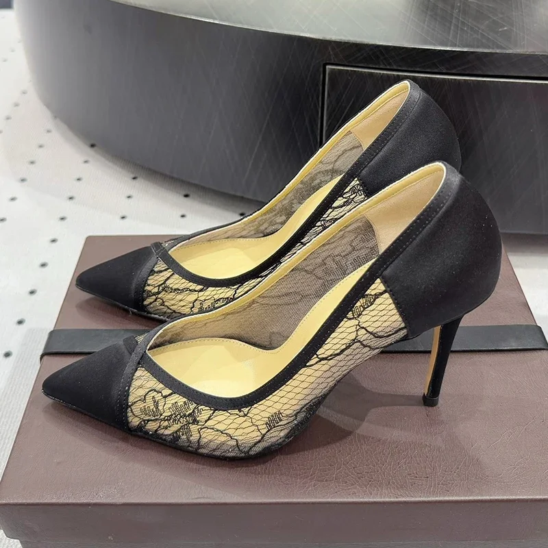 Pumps Women Pointed Toe Thin High Heel Sandals Lace Satin Mesh Patchwork Shallow Mouth Single Shoes Summer Party Dress Shoes