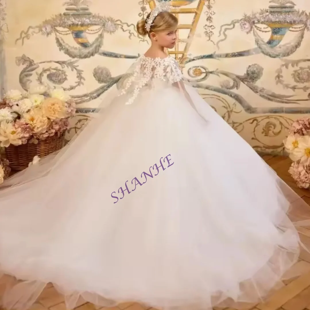 맞춤형 화이트 귀여운 볼 가운 플라워 걸 드레스 웨딩용 레이스 랩 첫 성찬식 드레스 튤 베이비 걸 생일 파티용