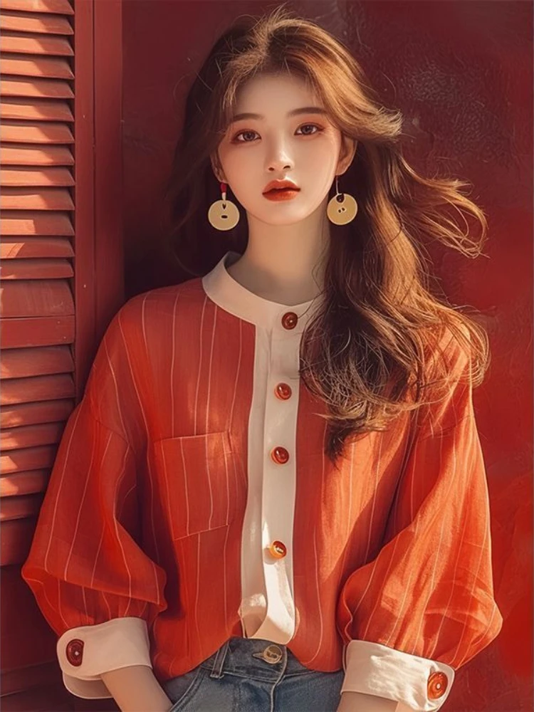 

Fashion Vintage Shirts Striped Contrast Color Three Quarter Sleeve Single Breasted Blouse Spting Summer All Match Women Clothing