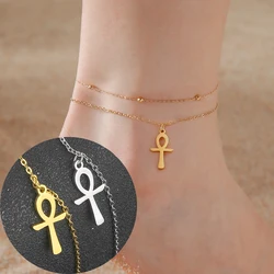 Dawapara Ankh Cross Ankle Bracelet Religious Egyptian Key of Life Cross Bracelet for Men Women Stainless Steel Jewelry