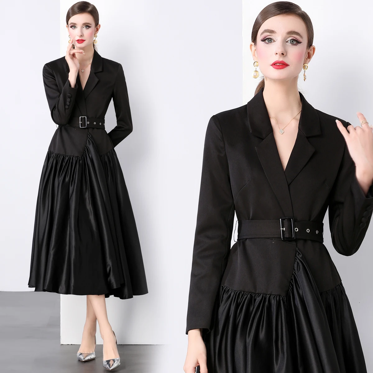 Elegant Spliced Belt Blazer Dresses For Women Notched Collar Long Sleeve High Waist Pleated Vintage Black Dress Female Autumn