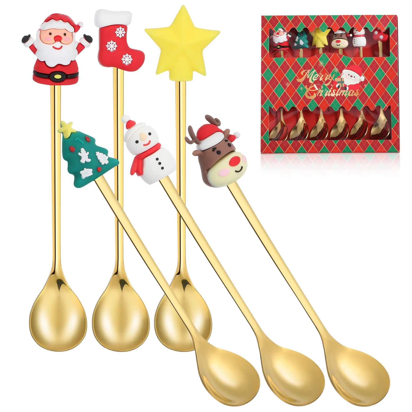 

6Pcs Festive Christmas Spoon Set Stainless Steel Holiday Spoons Reindeer Santa Designs for Coffee Stirring Dessert Serving