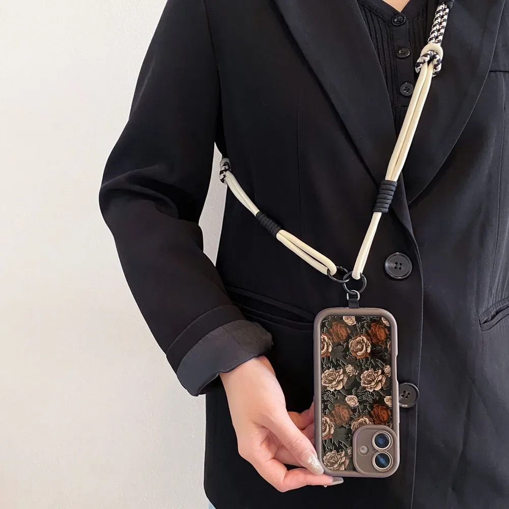 Ypm5 جراب هاتف آيفون 16 15 14 13 12 11 17 برو ماكس XS ماكس XR 7 8 زائد الفاخرة زهرة الورد Crossbody الحبل حزام حبل غطاء #5