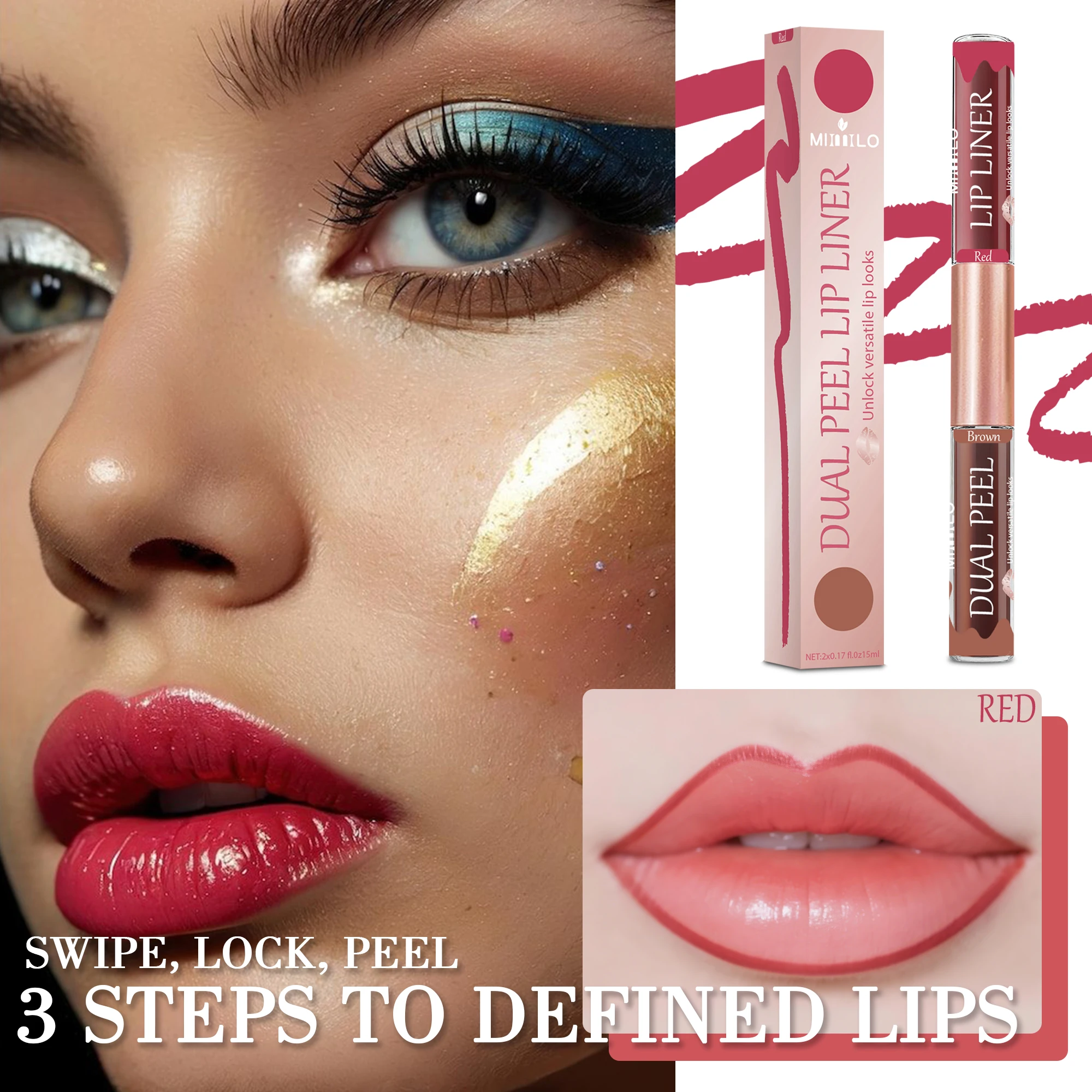 Revestimiento de labios bicolore/deselpe-off. Brillo de labios. Impermeable y duradero. Marrón/rojo desbloquea un maquillaje de labios versátil