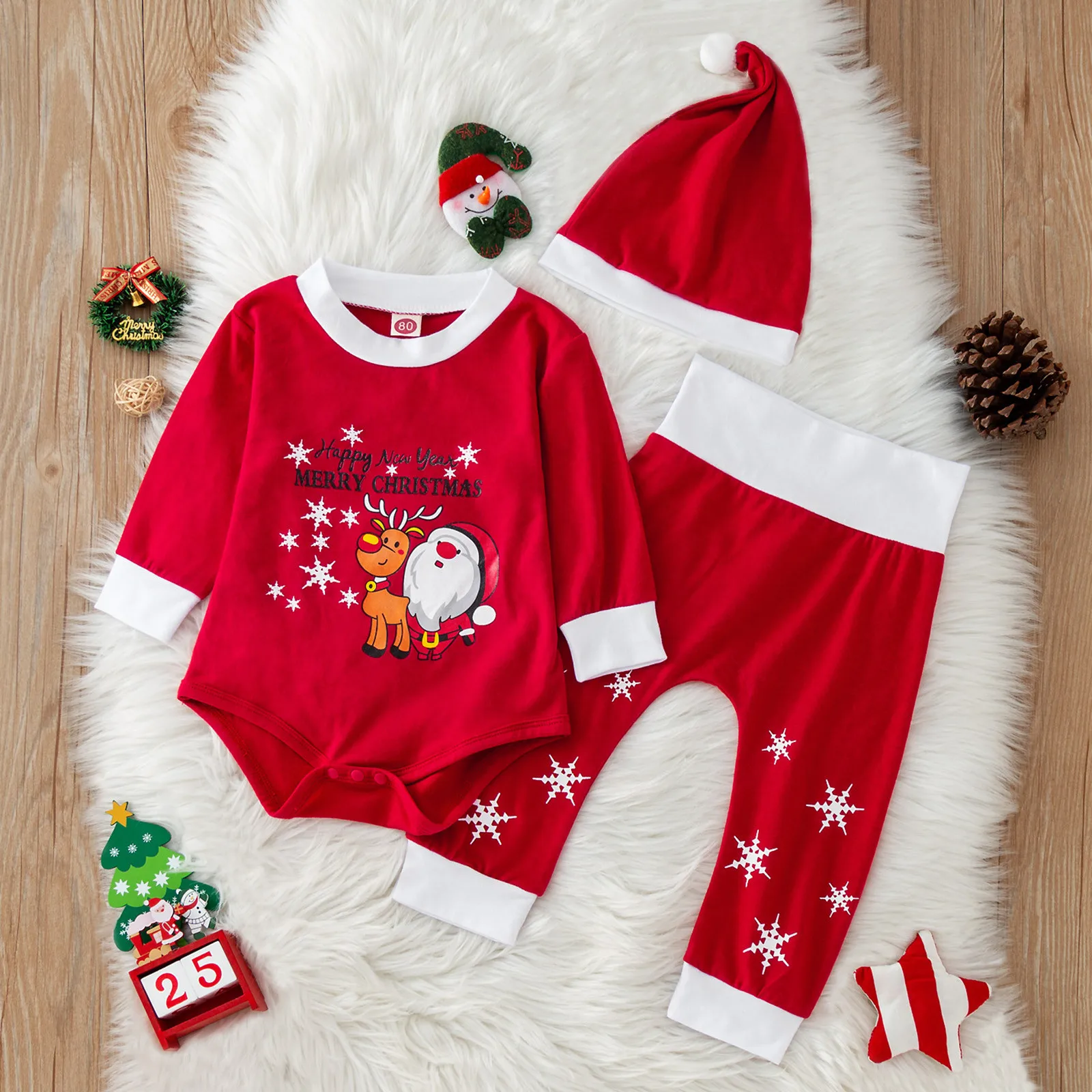 Infant Baby Boys Girls Christmas Nightwear Deer Santa Xmas Letter Printed Romper Bodysuit And Pants Hat Pajamas Toddler Pajamas