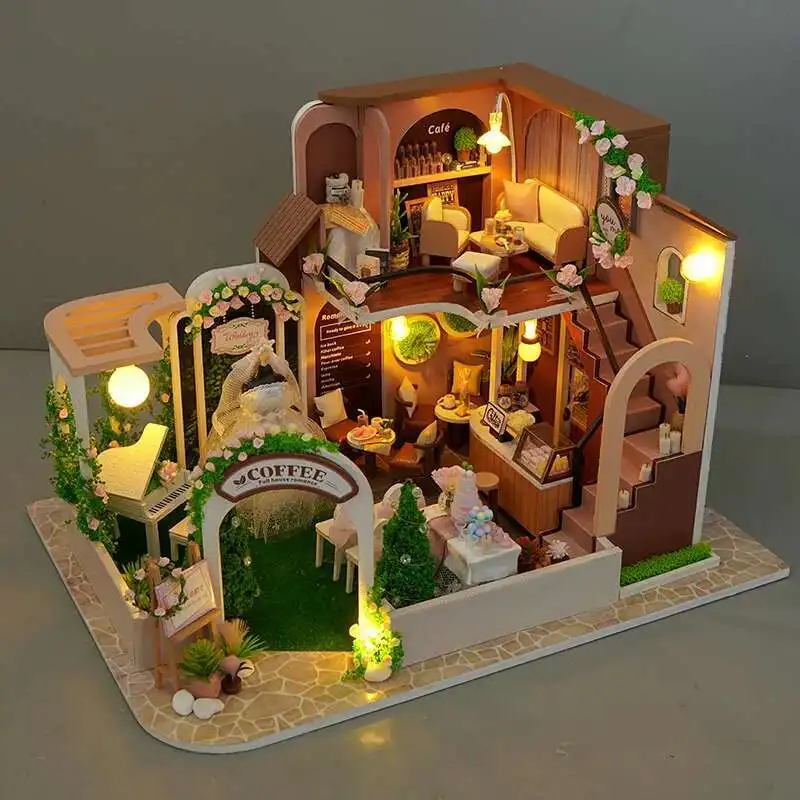 

DIY Wooden Wedding Coffee Shop Casa Miniature Building Kits Assembled Dollhouses Bookshelf Home Decor Friends Birthday Gifts