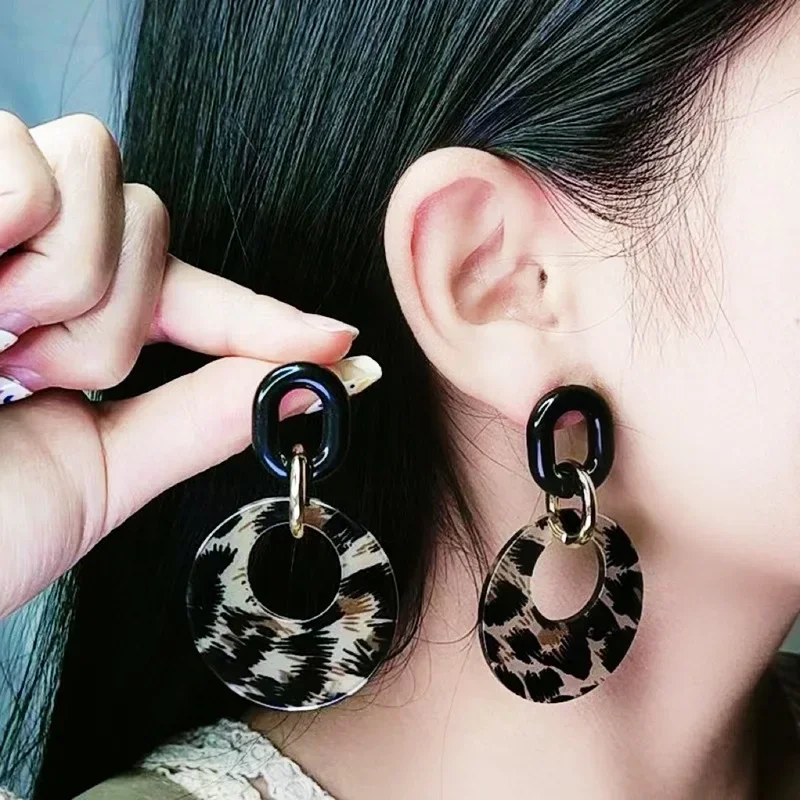 Leopard Checkerboard Pattern Love Acrylic Fashionable Personality Round Temperament Earrings for Women