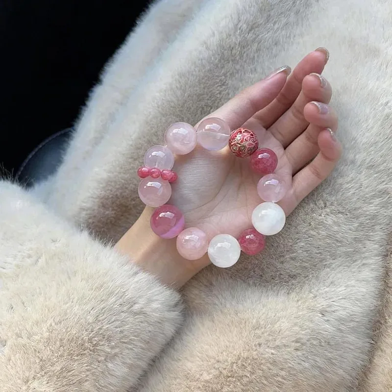 Natural powder crystal rosestone bracelet, white crystal snowflake ghost original beaded bracelet, Peach Blossom Crystal Girl