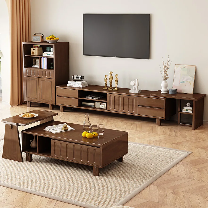 Solid wood TV cabinet coffee table combination, simple rubber wood solid wood TV cabinet in the living room