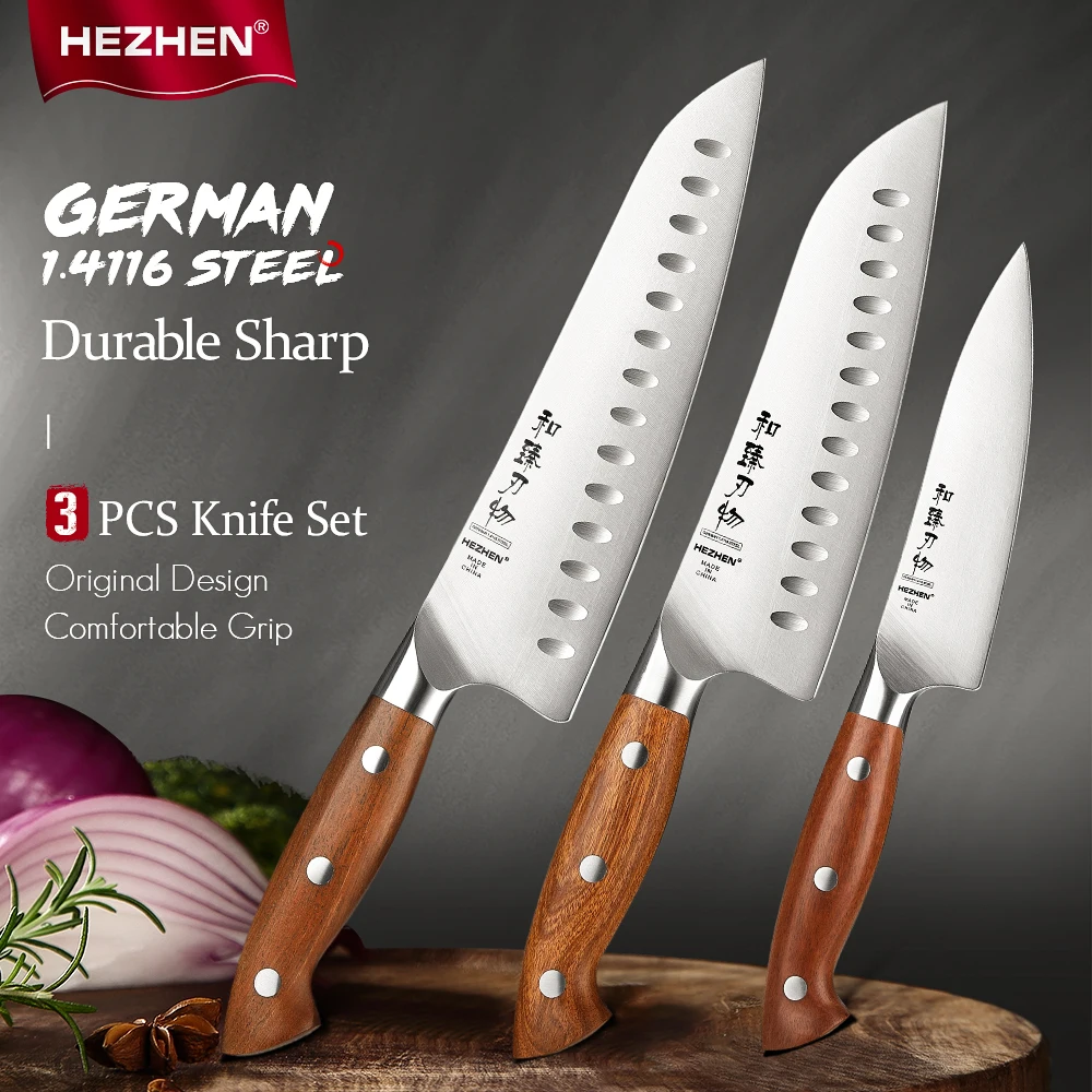 

HEZHEN 3PC Chef Knife Set German 1.4116 Stainless Steel Sharp Cook Santoku Knife Gift Box Kitchen Utility Knife