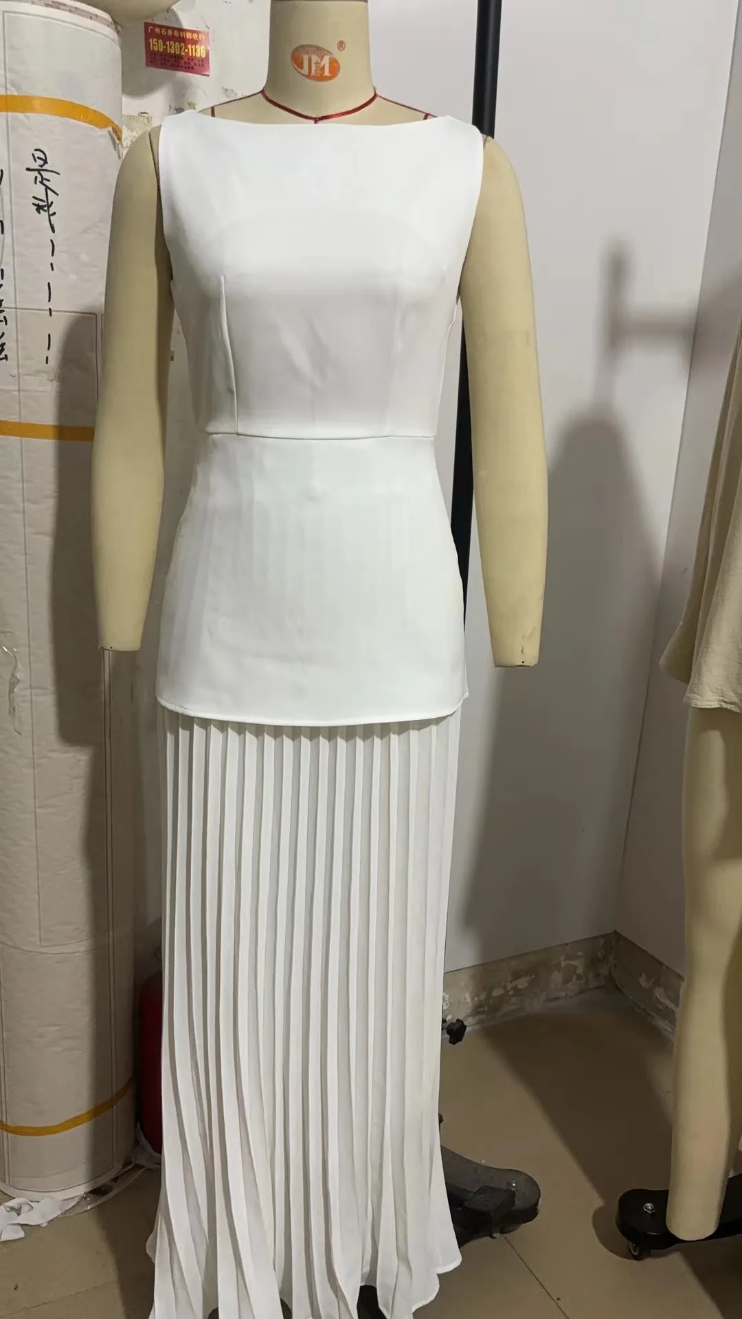 Women Elegant Long Dress Solid Splice Pleated Dress Sexy Slash Neck Sleeveless Tank Boho Dress Hollow Slim Knit Set for Female