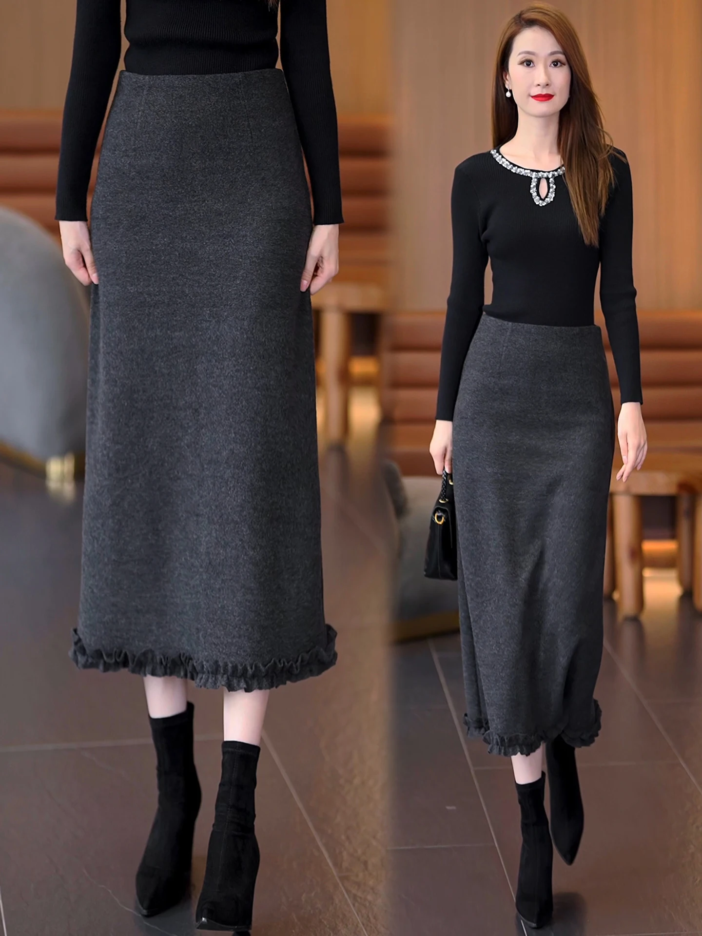 High Waist Straight Cut Woolen  Skirt Women's Autumn Winter New Style One Step Wrap Body Skirt Soft Comfortable Korean Style
