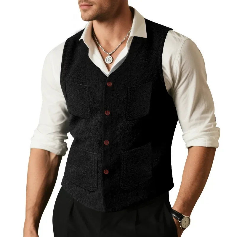 

Single Breasted V-neck Trendy Slim Woolen Multi-pocket Vest British Style Men's Casual Horse Clip Solid Color